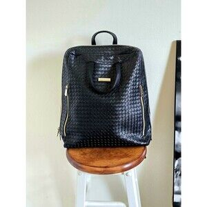 Elequator Black Woven Small Backpack Purse Chic Minimalist